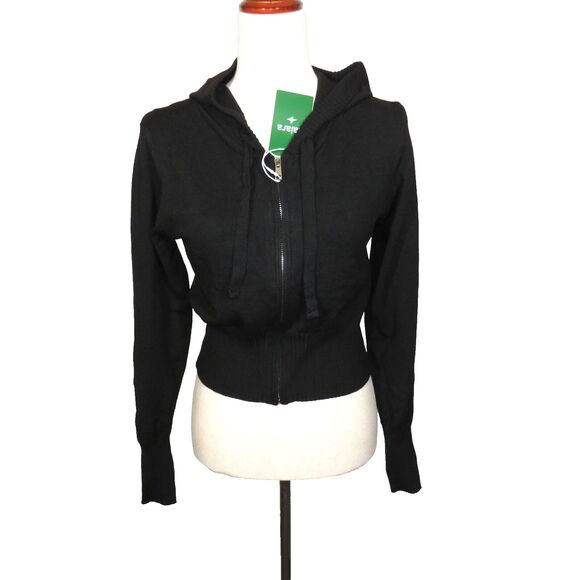 Halara Black Lightweight Sweater Knit Fitted Hoodie Cardigan Top Size Large - Picture 1 of 6